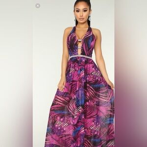 Fashion Nova Deep open front‎ lined Tropical rhinestone maxi dress size Medium